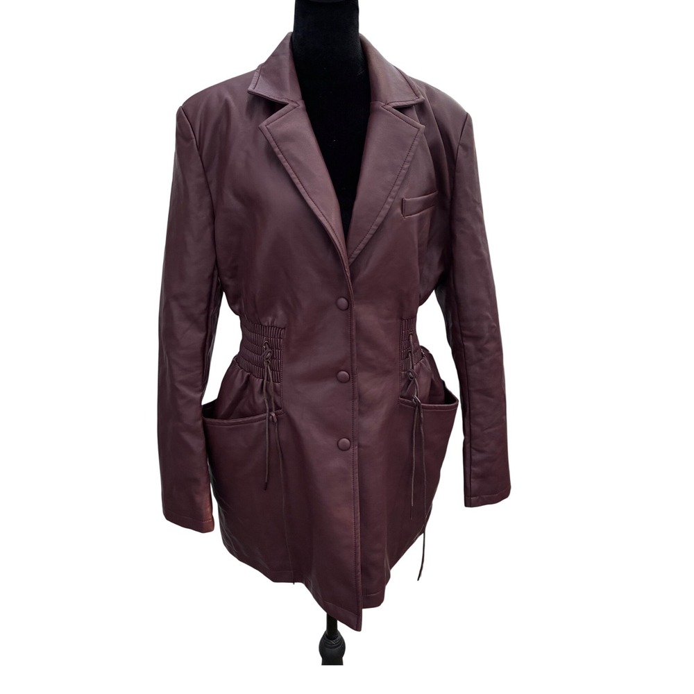 Azalea Wang Kjenner Burgundy Faux Leather Cinched Waist Blazer Jacket Large